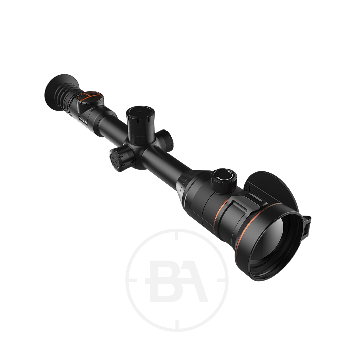 ThermTec Ares 360 2.0 Thermal lmaging Rifle Scope 1 A ThermTec Ares 360 2.0 Thermal Imaging Rifle Scope in black, featuring adjustment knobs and flip-up lens covers, is displayed at an angle against a plain white background.