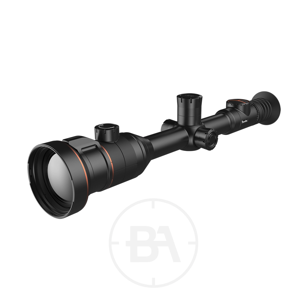 ThermTec Ares 360 2.0 Thermal lmaging Rifle Scope 3 The ThermTec Ares 360 2.0 Thermal Imaging Rifle Scope is shown at an angle on a white background, featuring a black finish, adjustment knobs, and an orange accent ring.