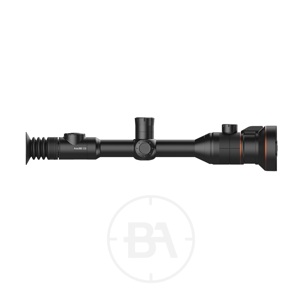 ThermTec Ares 360 2.0 Thermal lmaging Rifle Scope 7 Side view of the ThermTec Ares 360 2.0 Thermal Imaging Rifle Scope with adjustment knobs and a rubberized eyepiece, showcasing advanced thermal imaging, displayed on a white background.