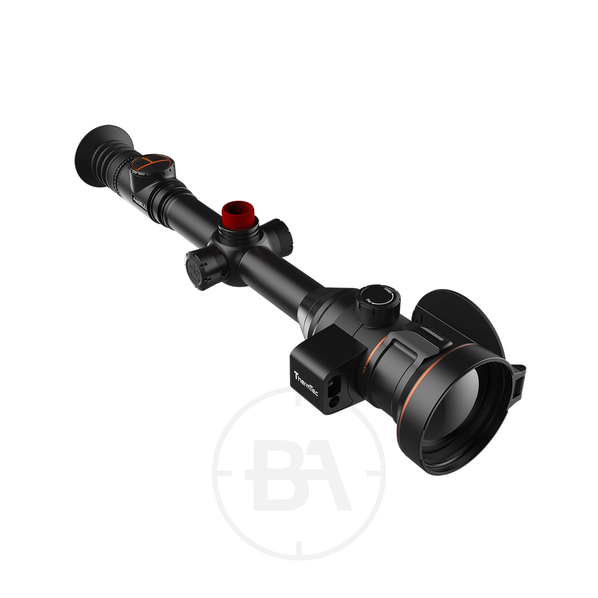 ThermTec Ares 360L 2.0 Thermal lmaging Rifle Scope 1 A ThermTec Ares 360L 2.0 Thermal Imaging Rifle Scope in black, featuring adjustment dials, a lens cover, and an attached camera device, is shown against a white background.