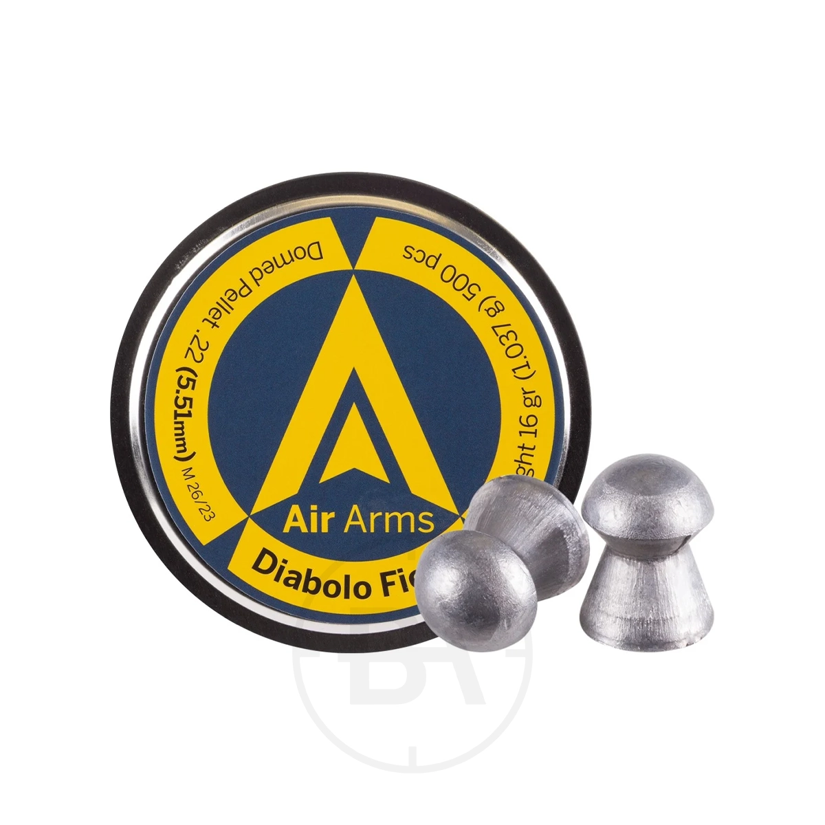 Air Arms Diablo Field Domed .22 Pellets 16.0gr 5.52mm (x200) 1 A round tin of Air Arms Diabolo Field Domed .22 Pellets (x200) with a blue and yellow label sits next to three silver, domed pellets—ideal for precision airgun shooting.