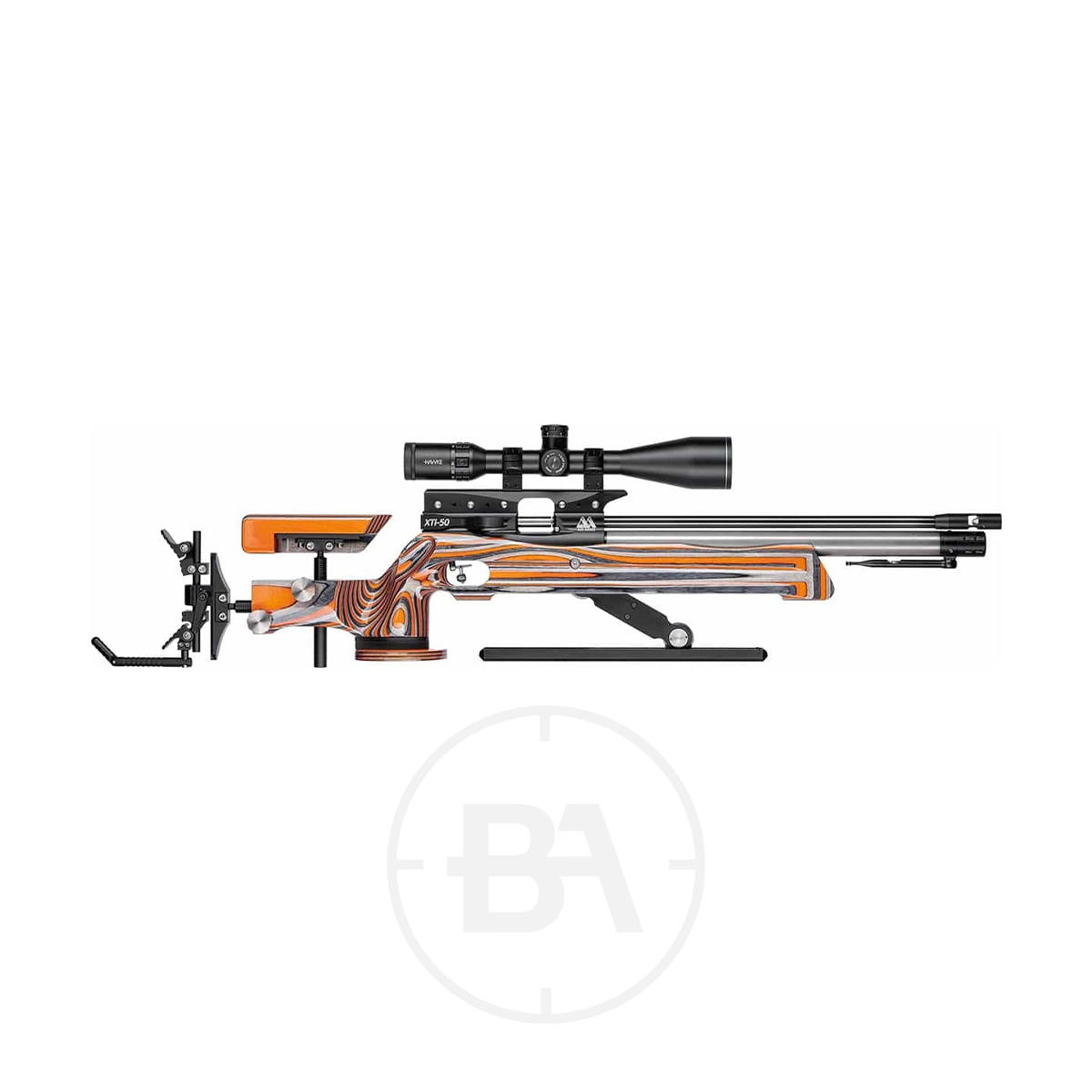 Air Arms XTi-50 FT Field Target Rifle With Hard Case 3 Side view of the Air Arms XTi-50 FT Field Target Rifle With Hard Case, featuring a wooden laminate stock, mounted scope, adjustable buttplate, and bipod, displayed against a white background.