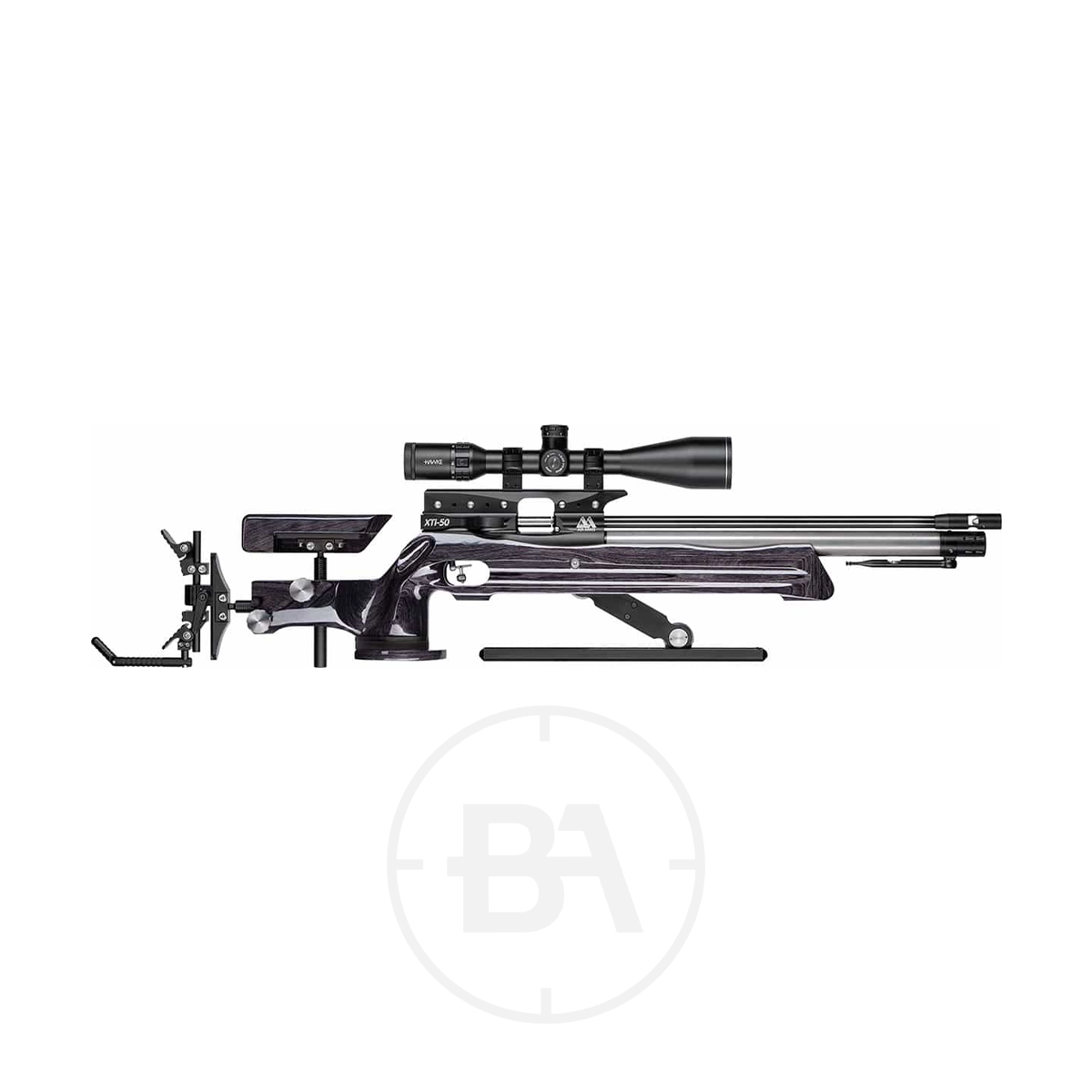 Air Arms XTi-50 FT Field Target Rifle With Hard Case 1 Side view of the Air Arms XTi-50 FT Field Target Rifle, featuring an adjustable stock, mounted scope, stabilizers, and shown with a hard case for secure transport against a white background.