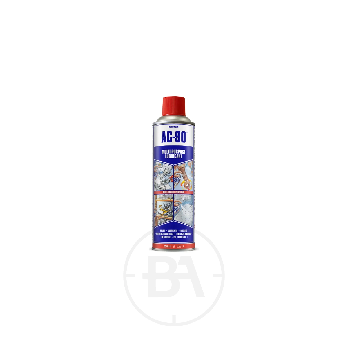 AC90 Multi-Purpose Gun Lubricant 1 A can of AC90 Multi-Purpose Gun Lubricant with a red cap and a blue and white label showing its versatile uses, including as a gun lubricant.