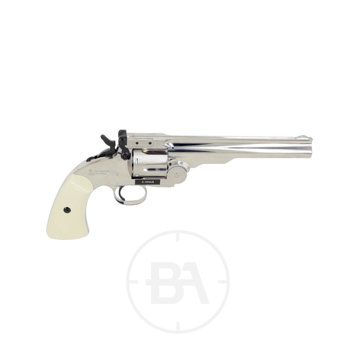 ASG Schofield 6" CO2 Pistol Silver .177 3 The ASG Schofield 6" CO2 Pistol Silver .177, featuring a long barrel and a white grip, is displayed on a plain white background.