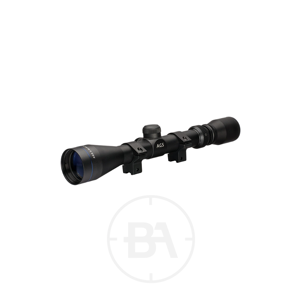 AGS VMX Rifle 3-9 x 40 Mil-Dot Scope 1 AGS VMX Rifle 3-9x40 Mil-Dot Scope in black, with adjustment dial and mounting brackets, displayed on a white background.