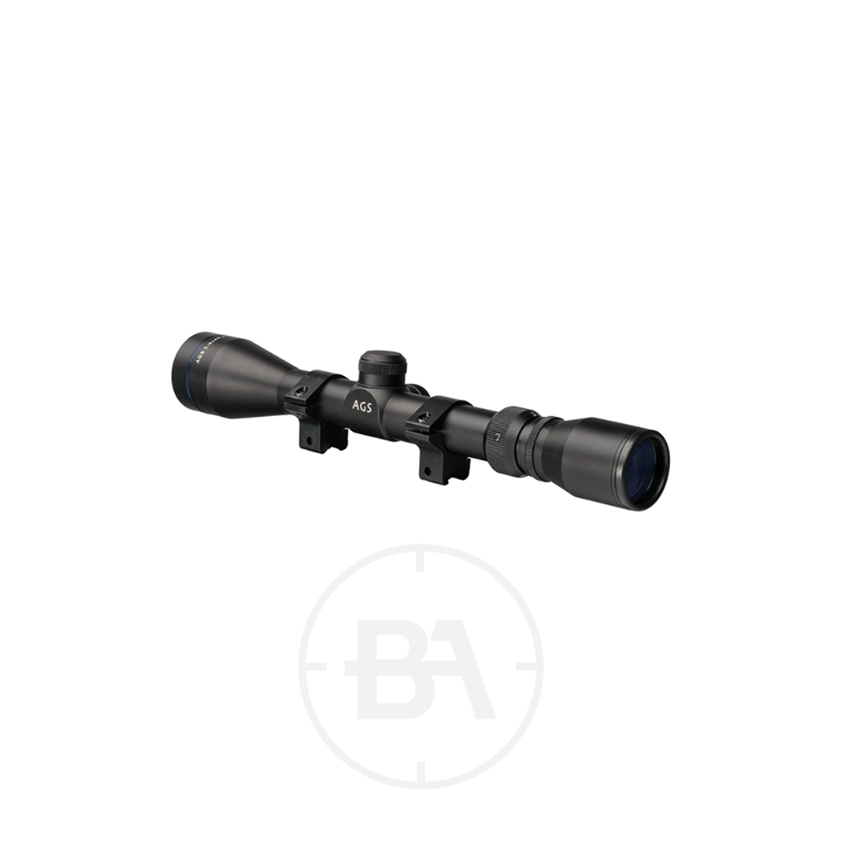 AGS VMX Rifle 3-9 x 40 Mil-Dot Scope 4 An AGS VMX Rifle 3-9 x 40 Mil-Dot Scope in black, featuring adjustment knobs and mounting brackets, shown from a slight angle on a plain white background.