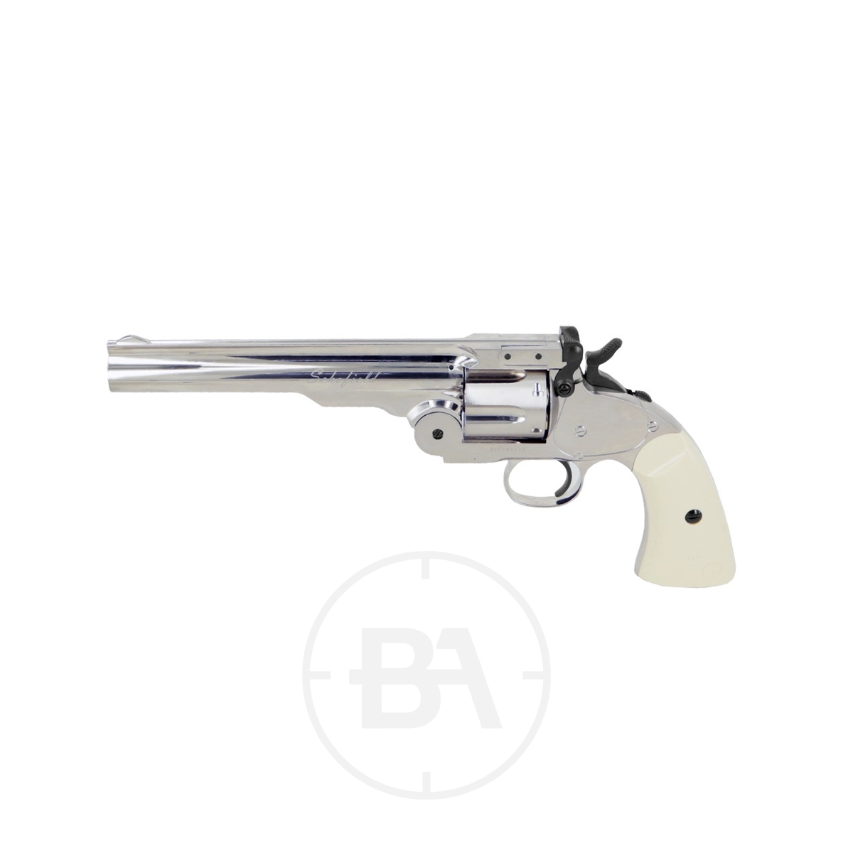 ASG Schofield 6" CO2 Pistol Silver .177 1 The ASG Schofield 6" CO2 Pistol Silver .177 features a long barrel and ivory-colored handle, shown on a white background.
