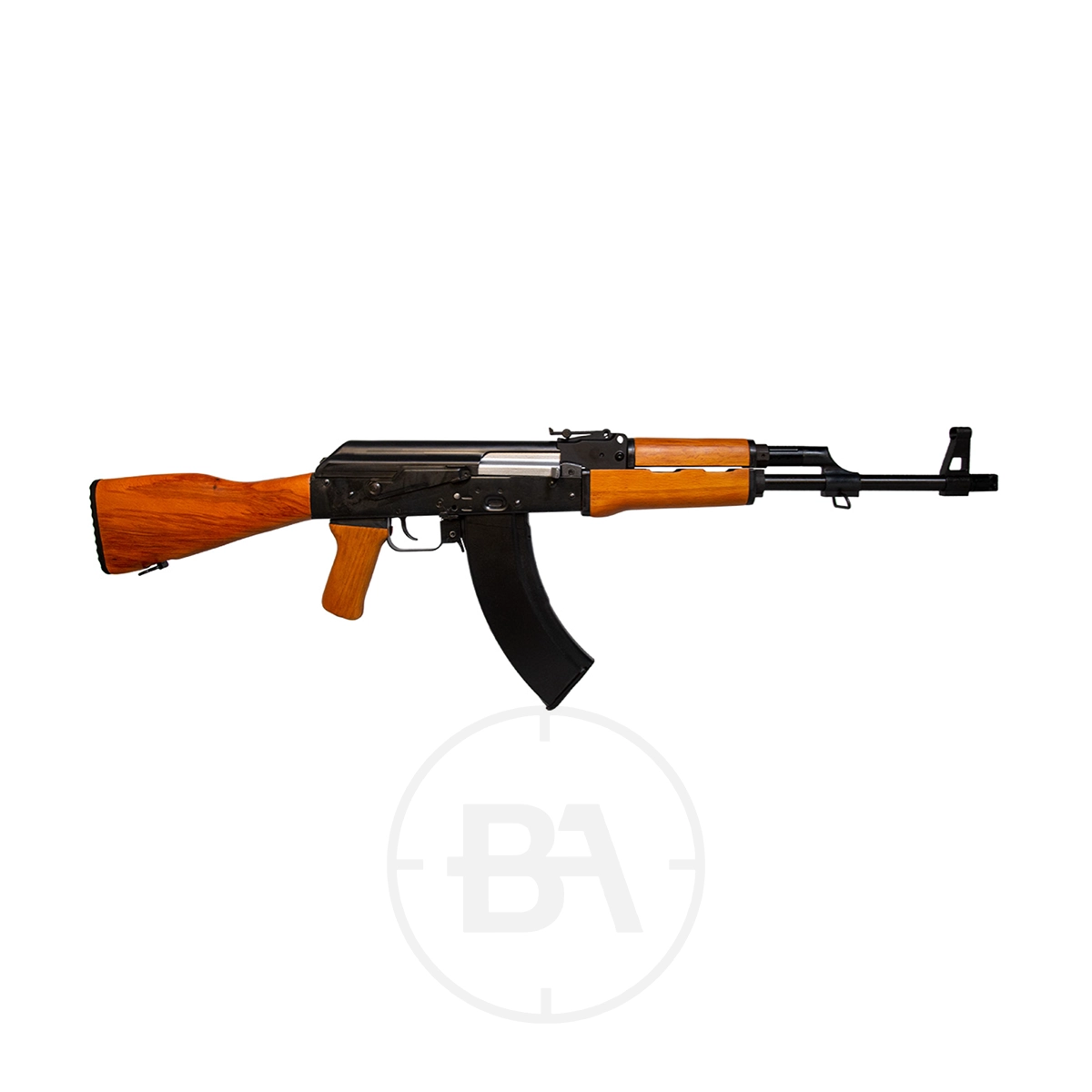 Kalashnikov AK47 C02 BB Air Rifle 1 The Cybergun Kalashnikov AK47 CO2 Air Rifle features a black and brown finish with a wooden stock, handguard, and grip, shown against a white background.