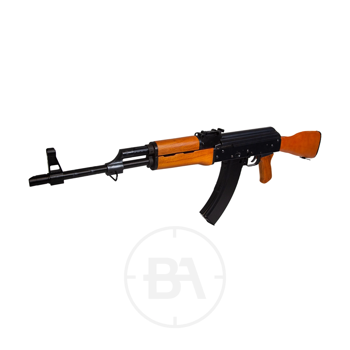 Kalashnikov AK47 C02 BB Air Rifle 3 The Cybergun Kalashnikov AK47 CO2 Air Rifle features a black barrel and receiver with wooden stock, handguard, and pistol grip, shown on a white background.