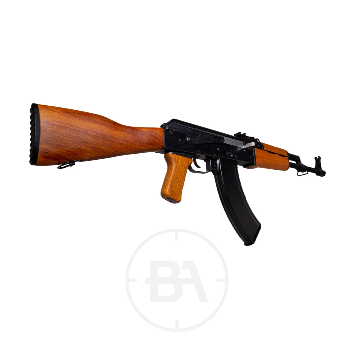 Kalashnikov AK47 C02 BB Air Rifle 5 The Cybergun Kalashnikov AK47 CO2 Air Rifle, featuring a wooden stock, grip, and fore-end with a black metal receiver and barrel plus a curved magazine, is displayed on a white background.