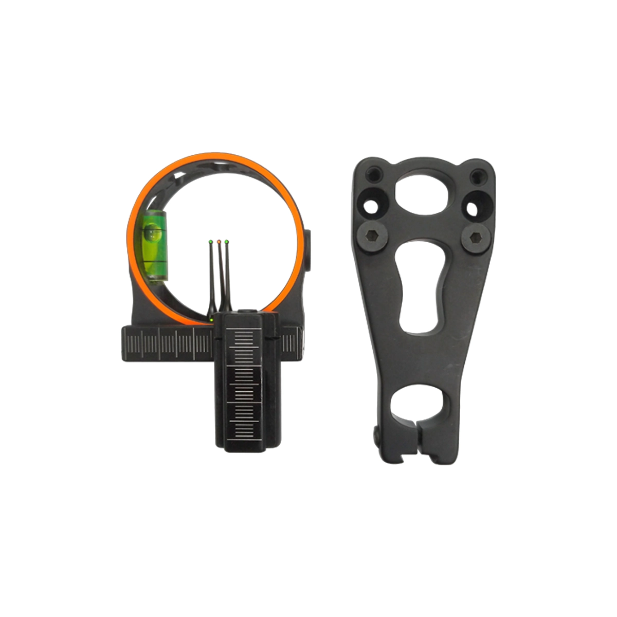 EK Archery 3 Pin Aluminium Bow Sight 1 The EK Archery 3 Pin Composite Fibre Optic Sight features fiber optic pins, a bubble level, and an adjustment scale, shown with its black mounting bracket on a white background.