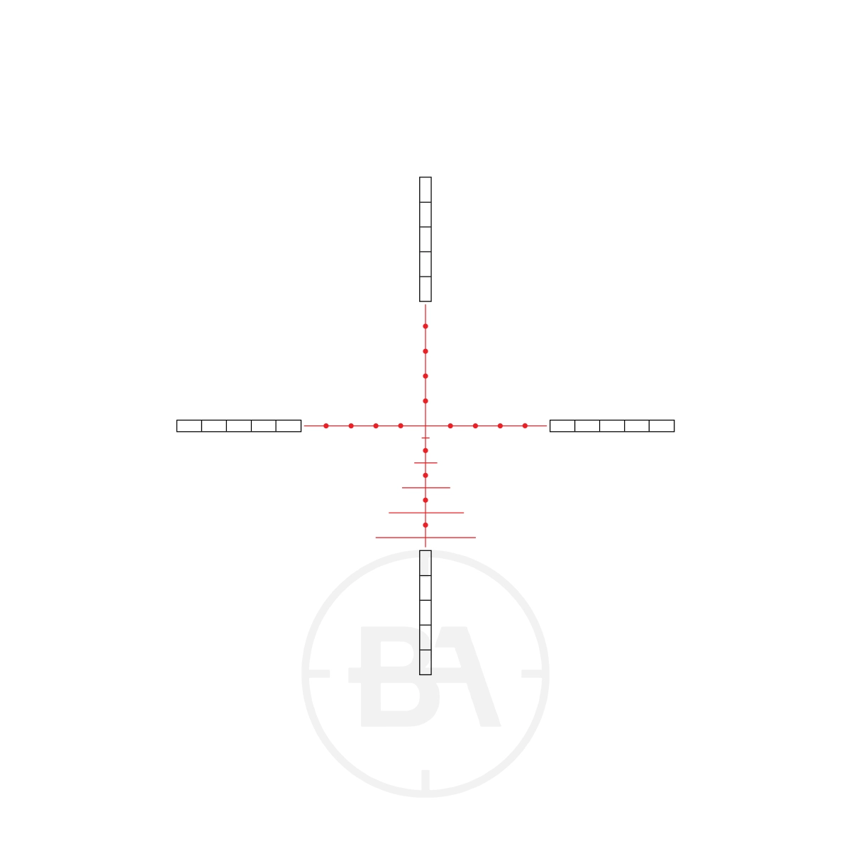 Hawke Airmax 30 WA SF 10x44 AMX IR Rifle Scope 3 The Hawke Airmax 30 WA SF 10x44 AMX IR Rifle Scope features a central crosshair, horizontal and vertical lines marked with small boxes, plus red dots and graduated red hash marks on the lower vertical line for range estimation.