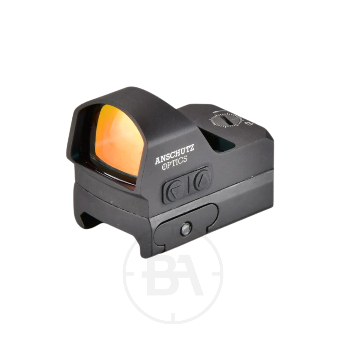 Anschütz Optics Reflex Pro Small Red Dot Sight With Weaver Mount 1 The Anschütz Optics Reflex Pro Small Red Dot Sight is a compact black sight with adjustment dials, an orange-tinted lens, and “Anschütz Optics” on the side, designed for easy firearm mounting.