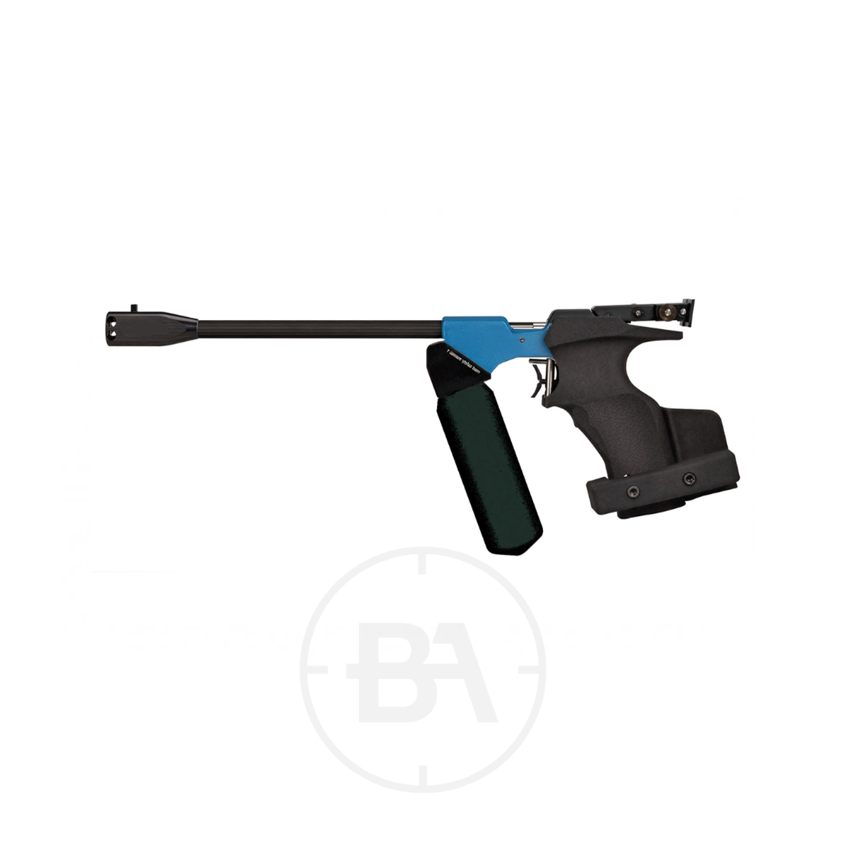 NEW Hammerli AP20 Match Target Pistol .177 1 The Hammerli AP20 Match Target Pistol .177 features a long barrel, blue and black frame, ergonomic black grip, and an angular black support under the trigger, all set against a plain white background.