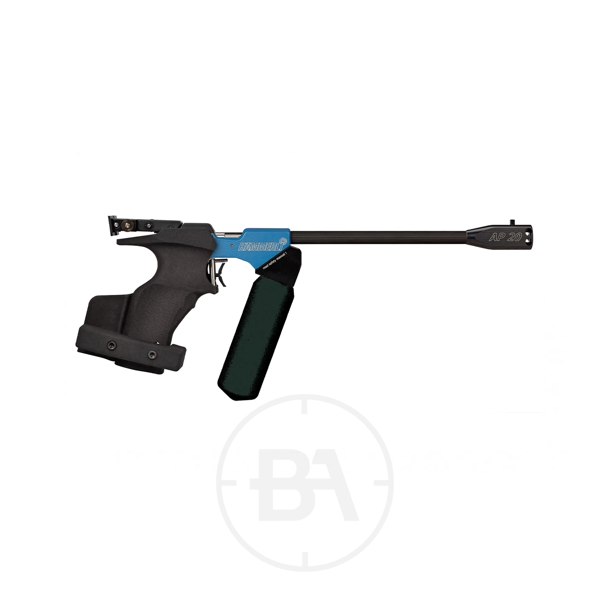 NEW Hammerli AP20 Match Target Pistol .177 3 The Hammerli AP20 Match Target Pistol .177 features a black ergonomic grip, blue trigger accent, and a long black barrel with a matching .177 calibre cylinder beneath. Shown on plain white background with a faint circular watermark.
