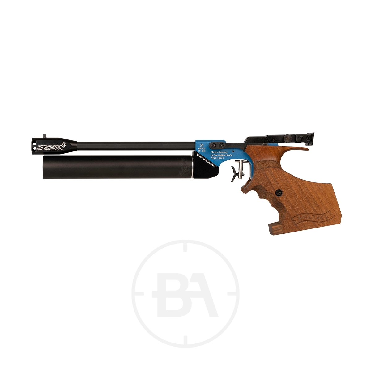 NEW Hammerli AP20 Pro Match Target Pistol .177 1 The NEW Hammerli AP20 Pro Match Target Pistol .177 features a long black barrel, blue metal frame, and ergonomic brown wooden grip for competitive shooting, shown on a white background.