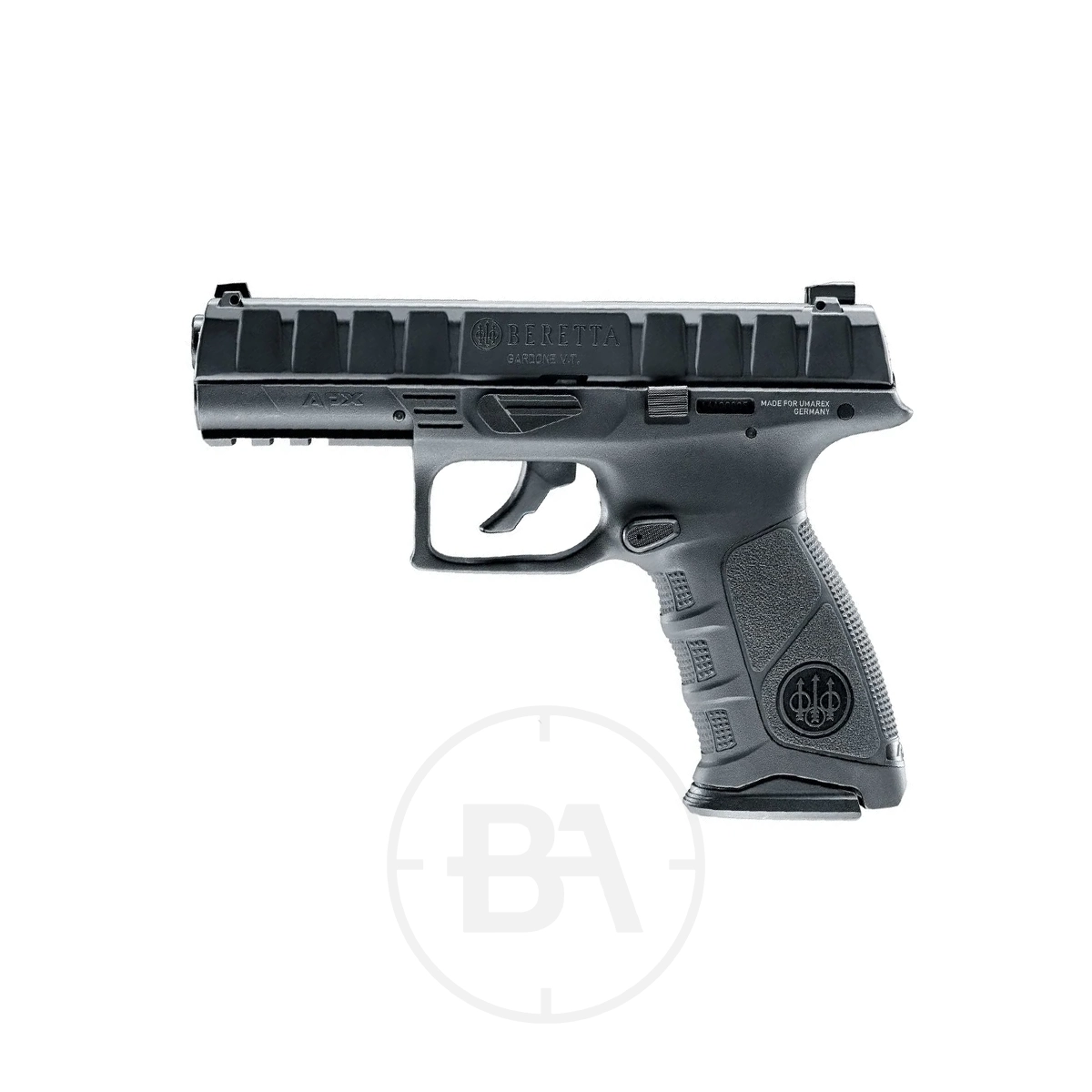 Beretta APX CO2 Pistol 1 A black Beretta APX CO2 Pistol is shown in side profile against a white background, featuring a textured grip, visible trigger, and slide markings.