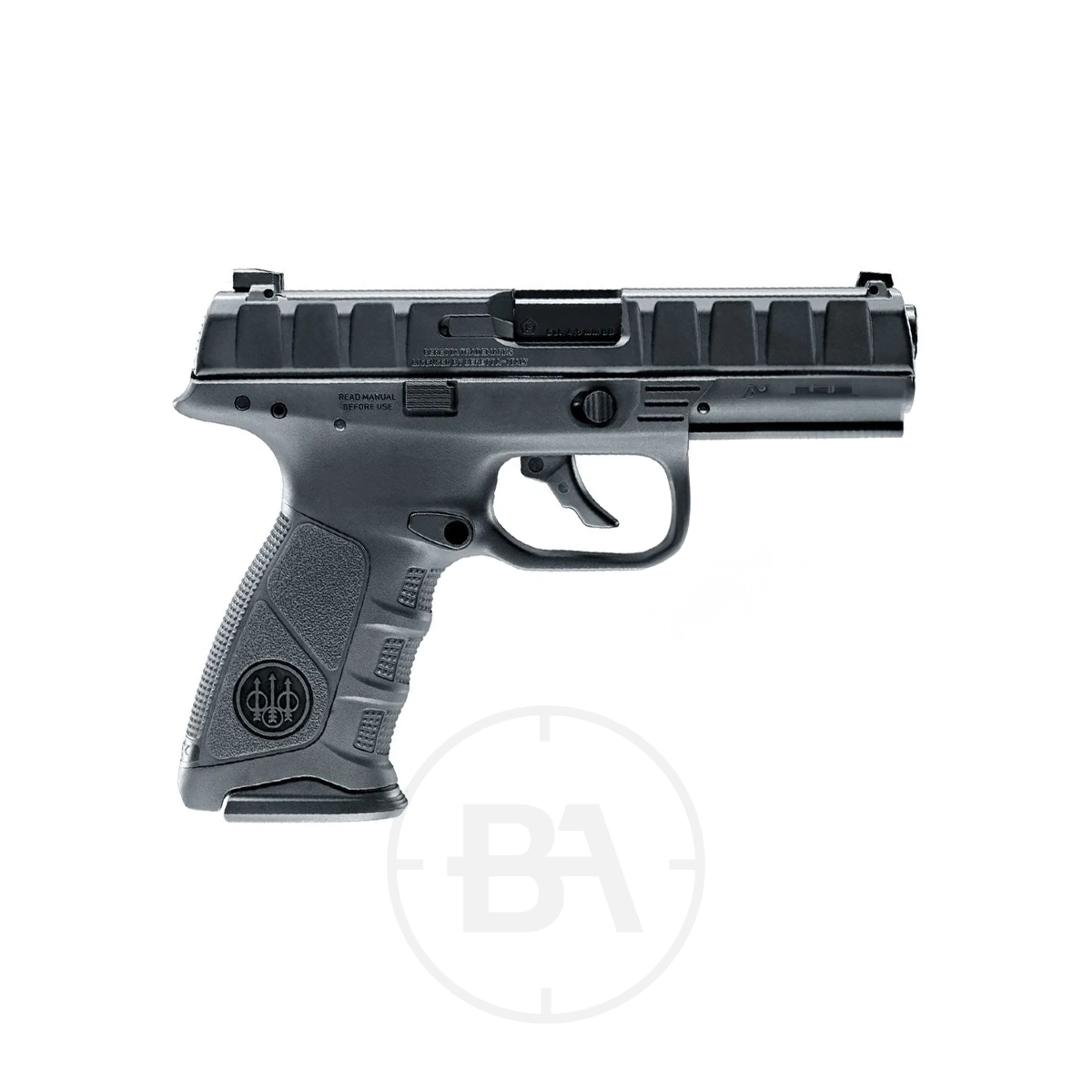 Beretta APX CO2 Pistol 3 A Beretta APX CO2 Pistol in black is shown in profile, facing right, featuring a textured grip and a visible trigger.