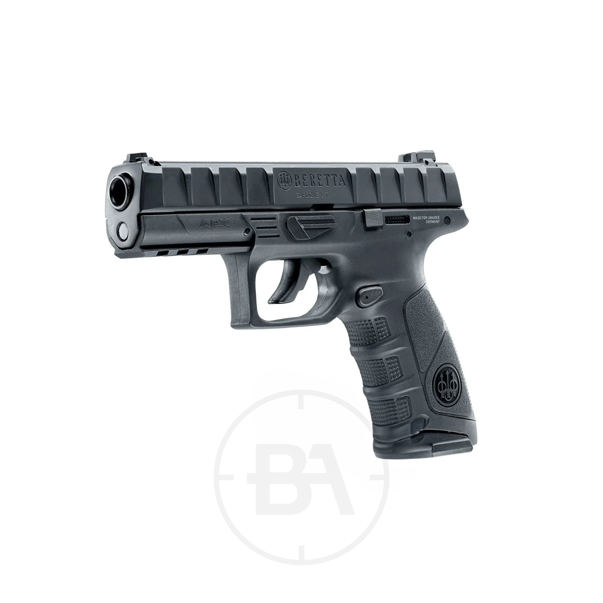Beretta APX CO2 Pistol 5 A Beretta APX CO2 Pistol is displayed facing left on a white background, showcasing its sleek semi-automatic air pistol design.