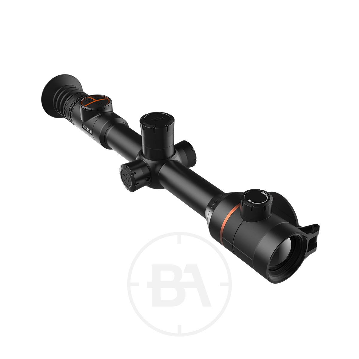 ThermTec Ares 335 2.0 Thermal Imaging Rifle Scope 1 The ThermTec Ares 335 2.0 Thermal Imaging Rifle Scope, featuring adjustment dials and orange accent rings, is shown on a white background with a subtle BA logo watermark, offering advanced thermal imaging for shooters.
