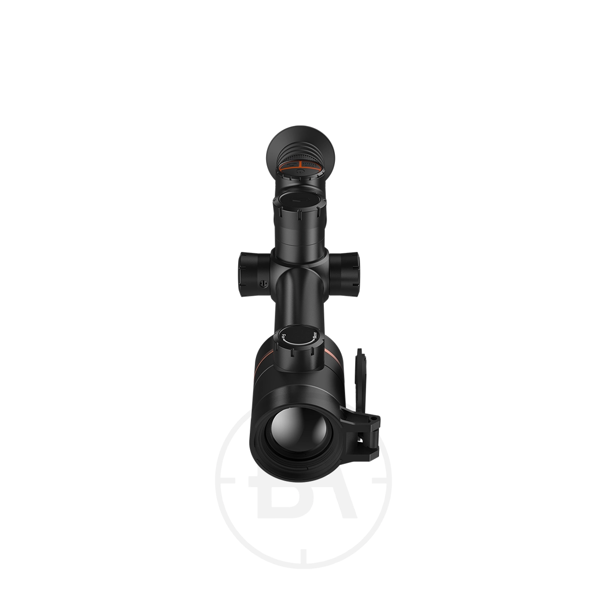 ThermTec Ares 335 2.0 Thermal Imaging Rifle Scope 5 Front view of a ThermTec Ares 335 2.0 Thermal Imaging Rifle Scope with adjustment knobs and side lever, set against a plain white background.