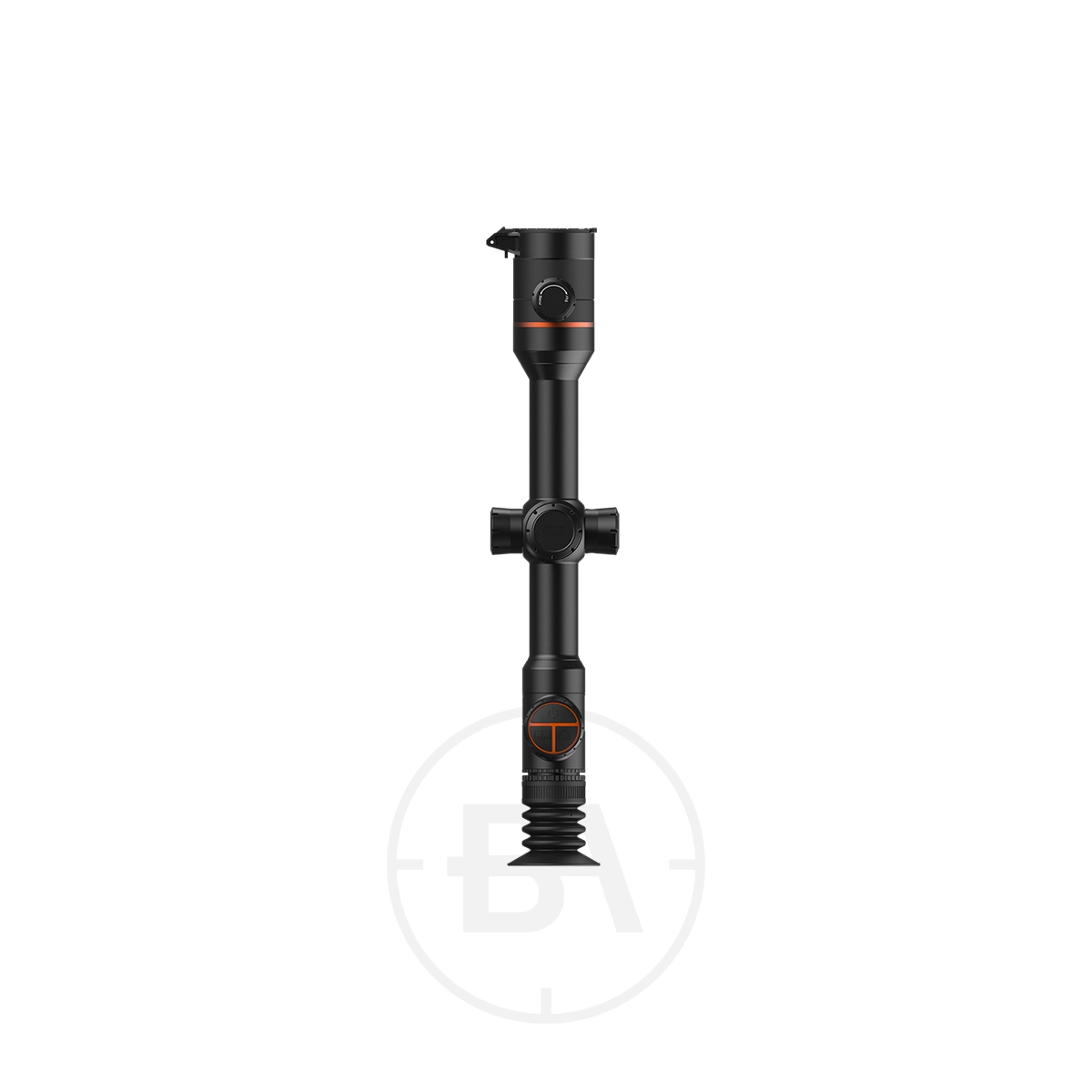 ThermTec Ares 335 2.0 Thermal Imaging Rifle Scope 9 A ThermTec Ares 335 2.0 Thermal Imaging Rifle Scope in black, featuring adjustment knobs and a rubber eyepiece, displayed upright against a white background.