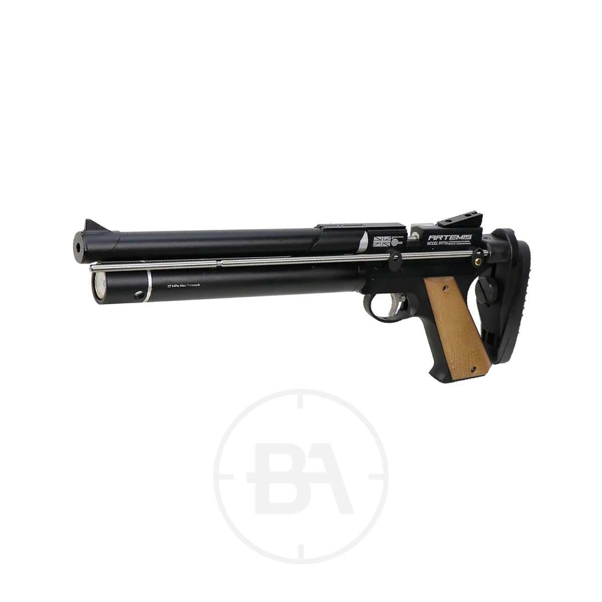 Snowpeak PP750 PCP Pistol 3 The Snowpeak PP750 PCP Pistol, in black with a wooden grip and compact stock, features a cylindrical barrel and a scope rail, shown against a white background.