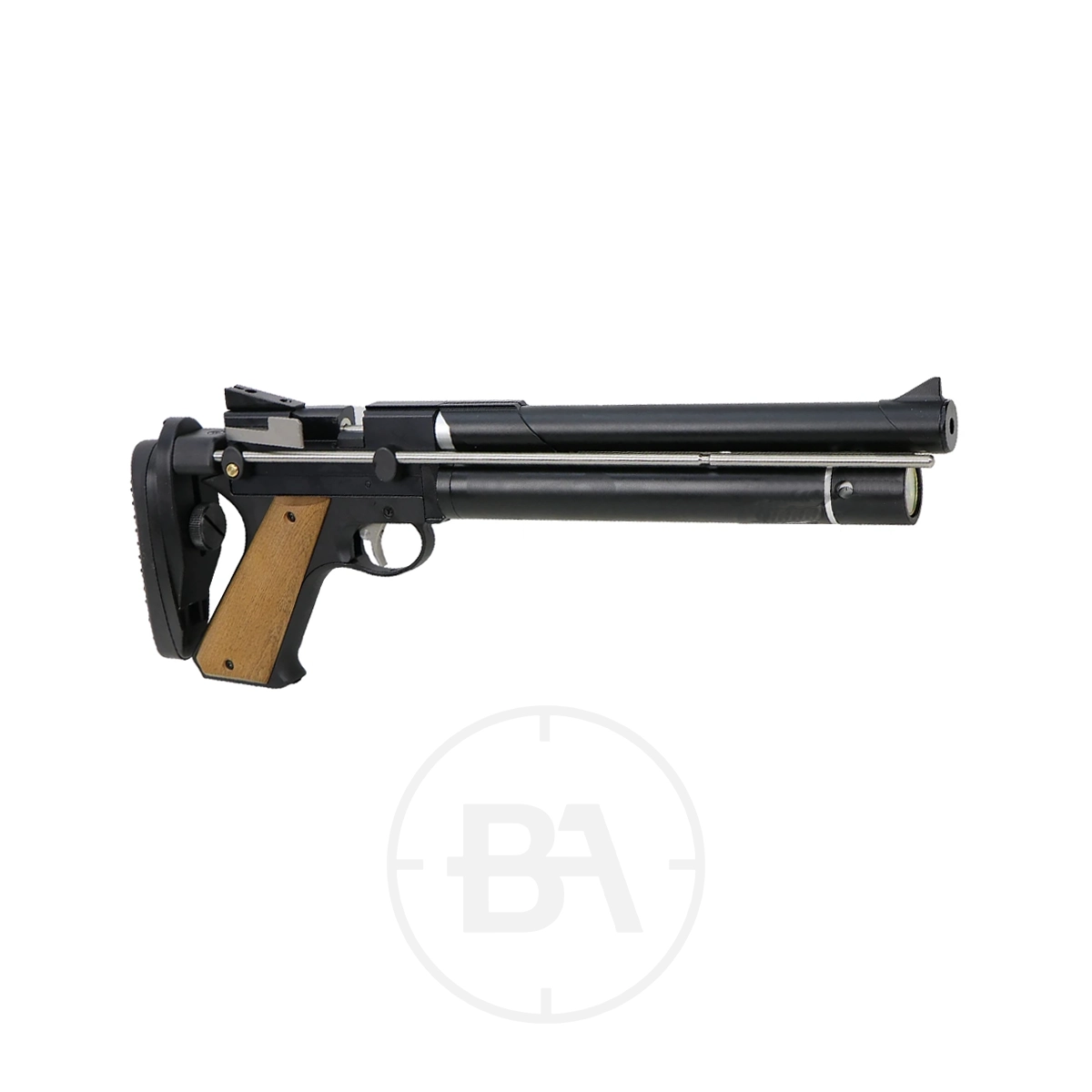 Snowpeak PP750 PCP Pistol 5 Side view of the Snowpeak PP750 PCP Pistol featuring a wooden grip and adjustable stock, displayed on a plain white background.