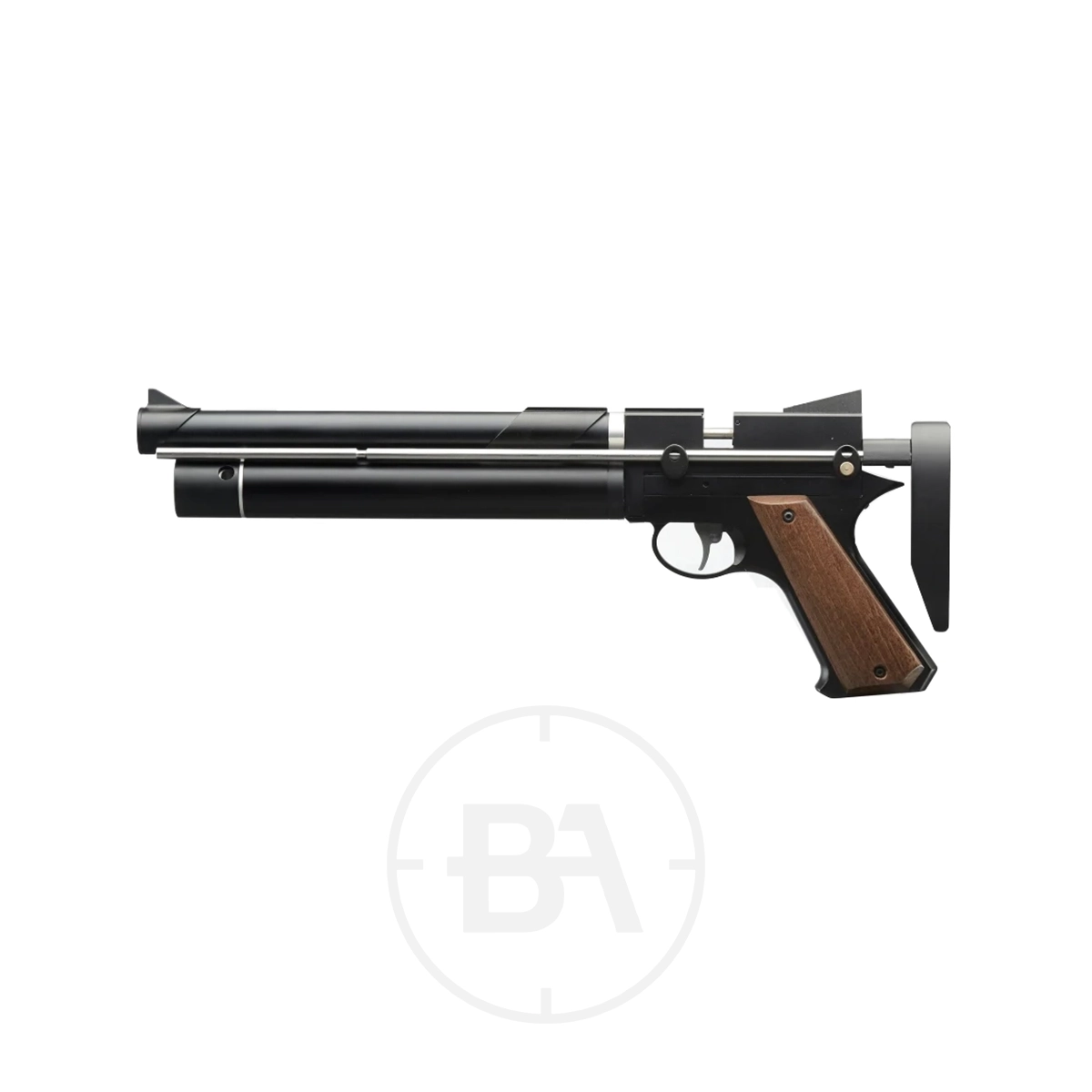 Snowpeak PP750 PCP Pistol 1 The Snowpeak PP750 PCP Pistol features a black and wood design, short barrel, trigger, and adjustable rear stock, shown against a white background.