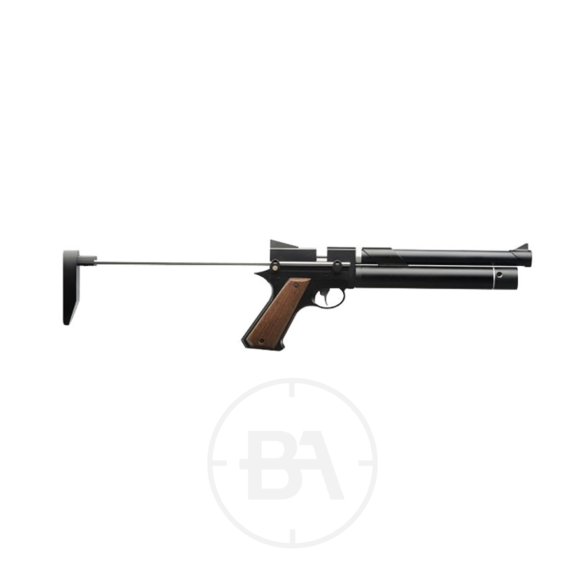Snowpeak PP750 PCP Pistol 7 The Snowpeak PP750 PCP Pistol, featuring a black finish, wooden grip, metal barrel, and adjustable wire stock, is shown against a white background.