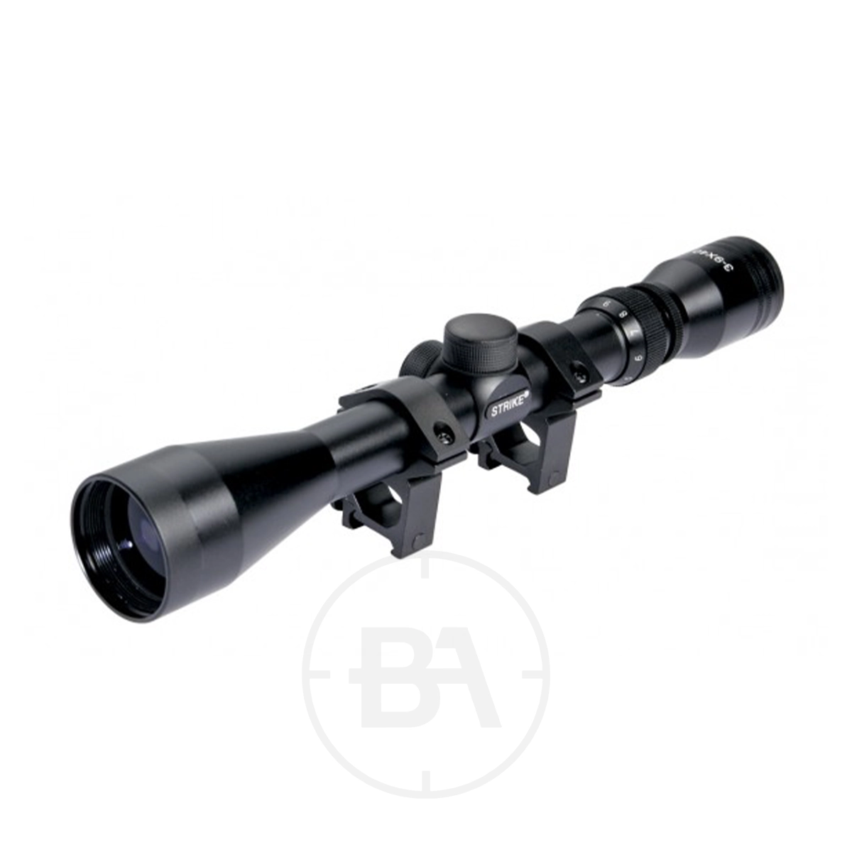 ASG Strike Systems 3-9x40 Scope with Mount Rings 1 The ASG Strike Systems 3-9x40 Scope with Mount Rings, featuring adjustment knobs and lens covers, is shown in black against a white background.