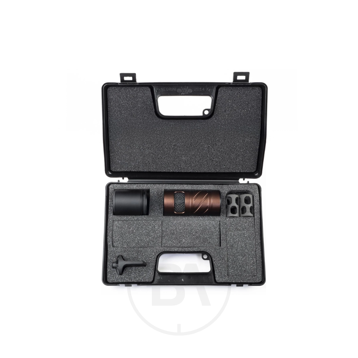 0dB Pro Advantage Target Pro (ATP) Silencer Kit 1 A black foam-lined hard case holds a cylindrical metal part, black cap, metal block, small tool, and extra foam insert—ideal for organizing your 0dB Pro Advantage Target Pro (ATP) Silencer Kit accessories.