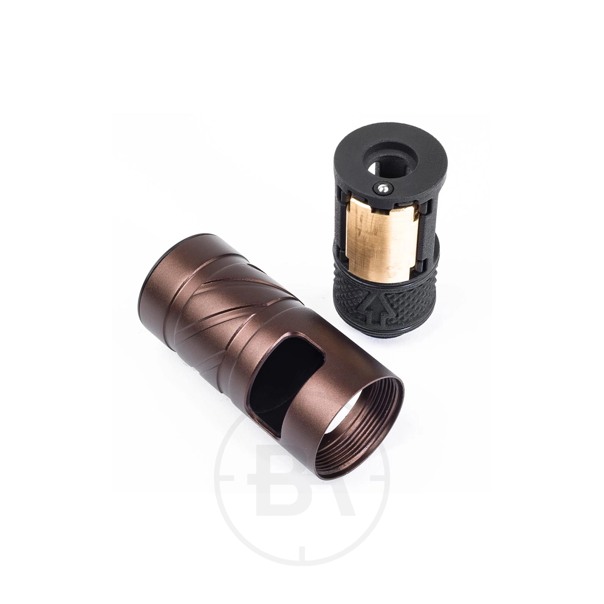 0dB Pro Advantage Target Pro (ATP) Silencer Tuner 1 Two metal cylindrical components—a 0dB Pro Advantage Target Pro (ATP) Silencer Tuner with cutouts and threads, and a black version with a brass interior—are placed on a white background.