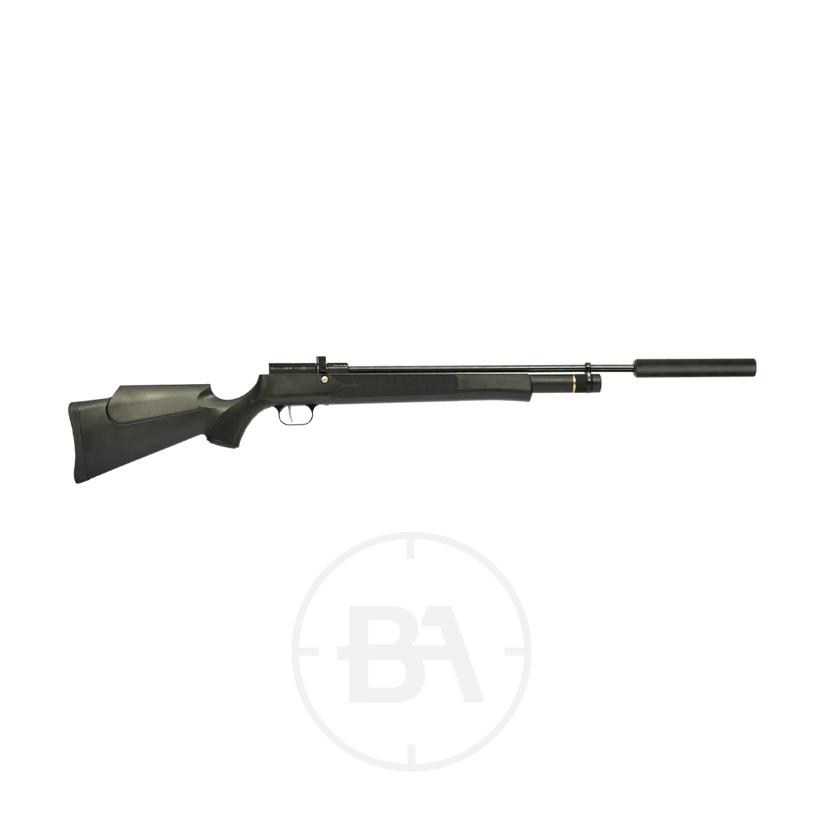 Precihole Achilles PCP Air Rifle 1 A sleek black Precihole Achilles PCP air rifle with a long barrel and silencer is set against a crisp white background.