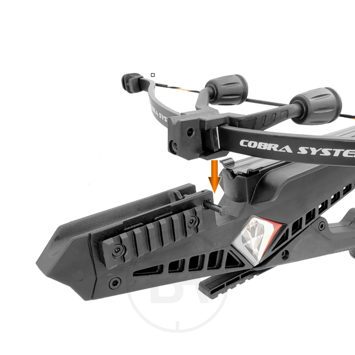 EK Archery Cobra RX Adder Updated 7-Bolt Model 9 Close-up view of the EK Adder Cobra RX Adder Tactical Repeater Crossbow in black, showing the arrow loading area with an orange arrow for instructional purposes.