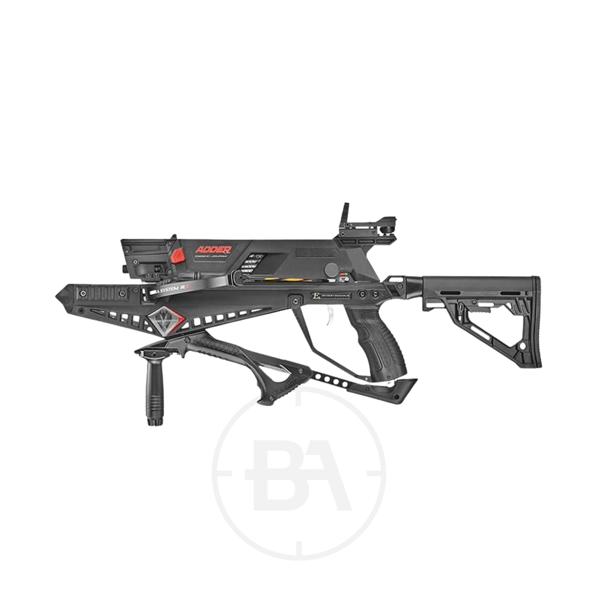 EK Archery Cobra RX Adder Updated 7-Bolt Model 3 A black EK Adder Cobra RX Adder Tactical Repeater Crossbow with an adjustable stock, forward grip, and scope is displayed on a white background.