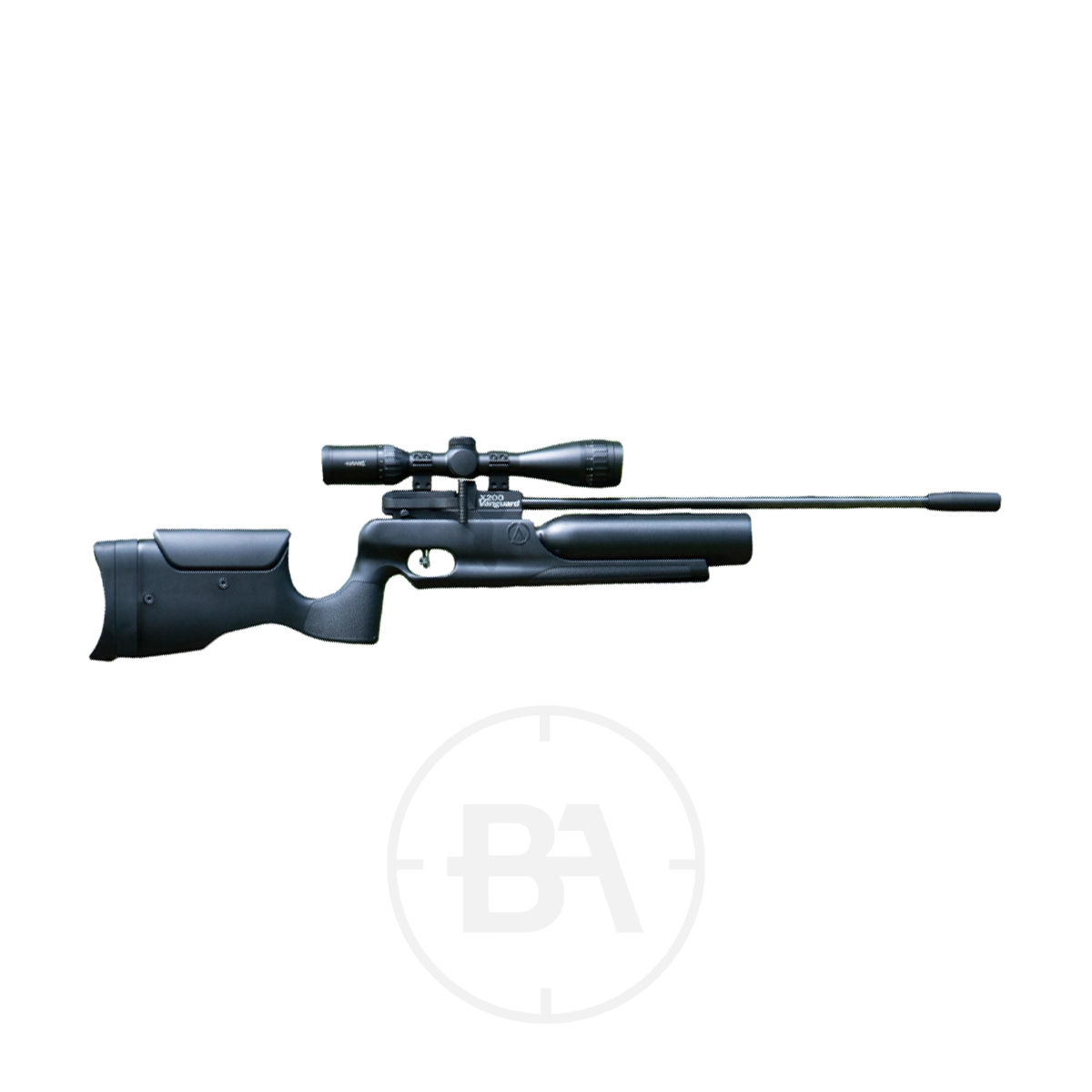 Air Arms X200 Vanguard PCP Air Rifle 1 A black Air Arms X200 Vanguard PCP air rifle with scope and long barrel, shown on a white background. It has a modern tactical design, ergonomic stock, and adjustable cheek rest.