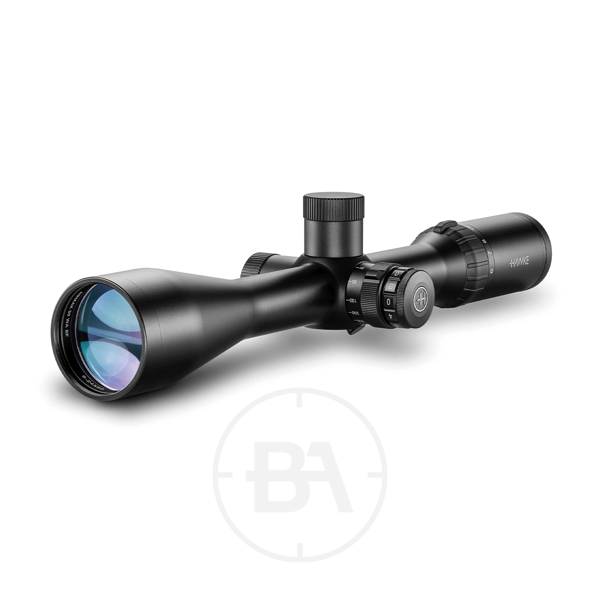 Hawke Airmax 30 WA SF 6-24x50 AMX IR Rifle Scope 1 A Hawke Airmax 30 WA SF 6-24x50 AMX IR Rifle Scope in black, featuring adjustment knobs, a large objective lens, and branded reflective glass, sits on a white background.