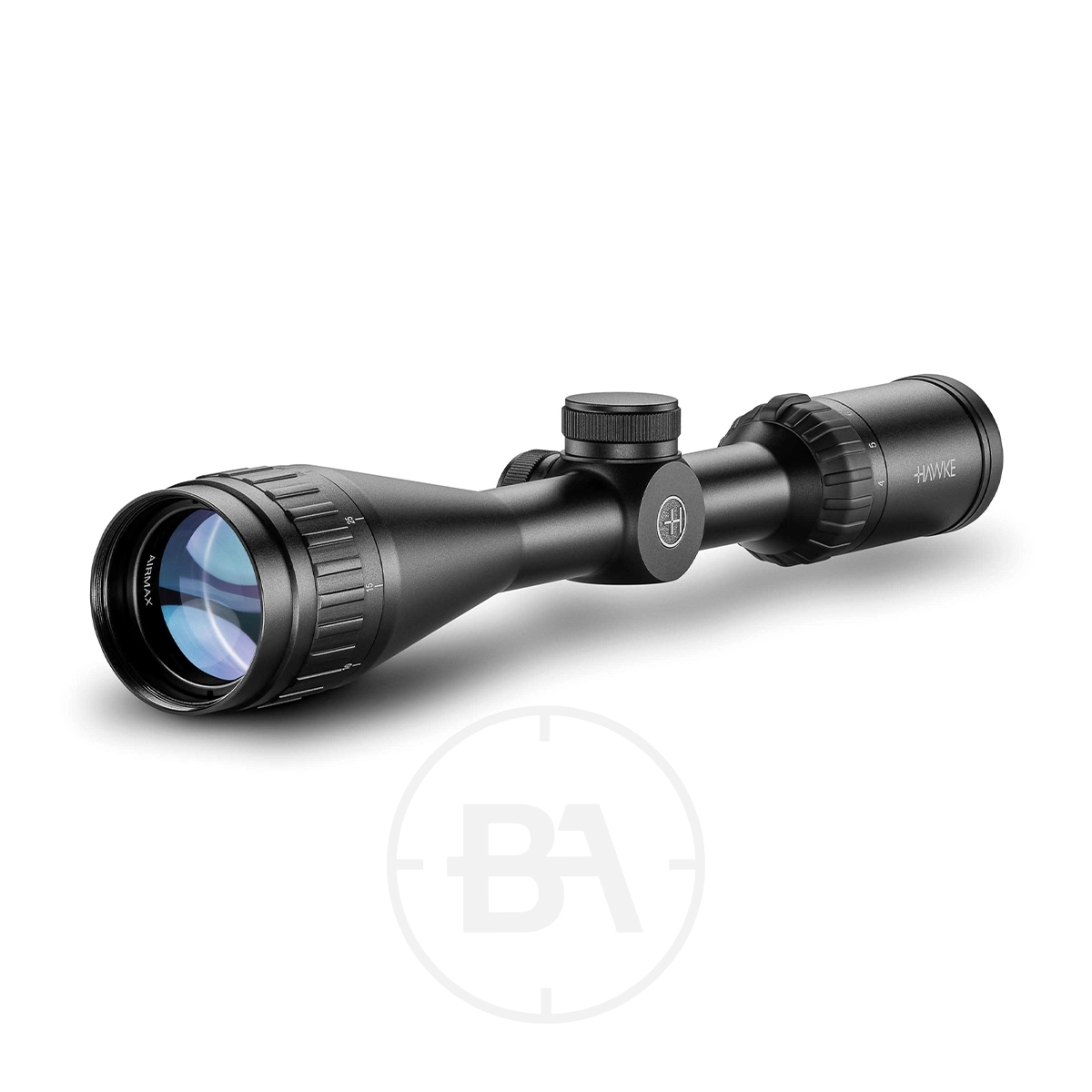 Hawke Airmax AO 4-12 x40 Rifle Scope 1 A Hawke Airmax AO 4-12x40 Rifle Scope with coated lenses and adjustment knobs, shown angled on a white background with a faint "BA" watermark underneath.