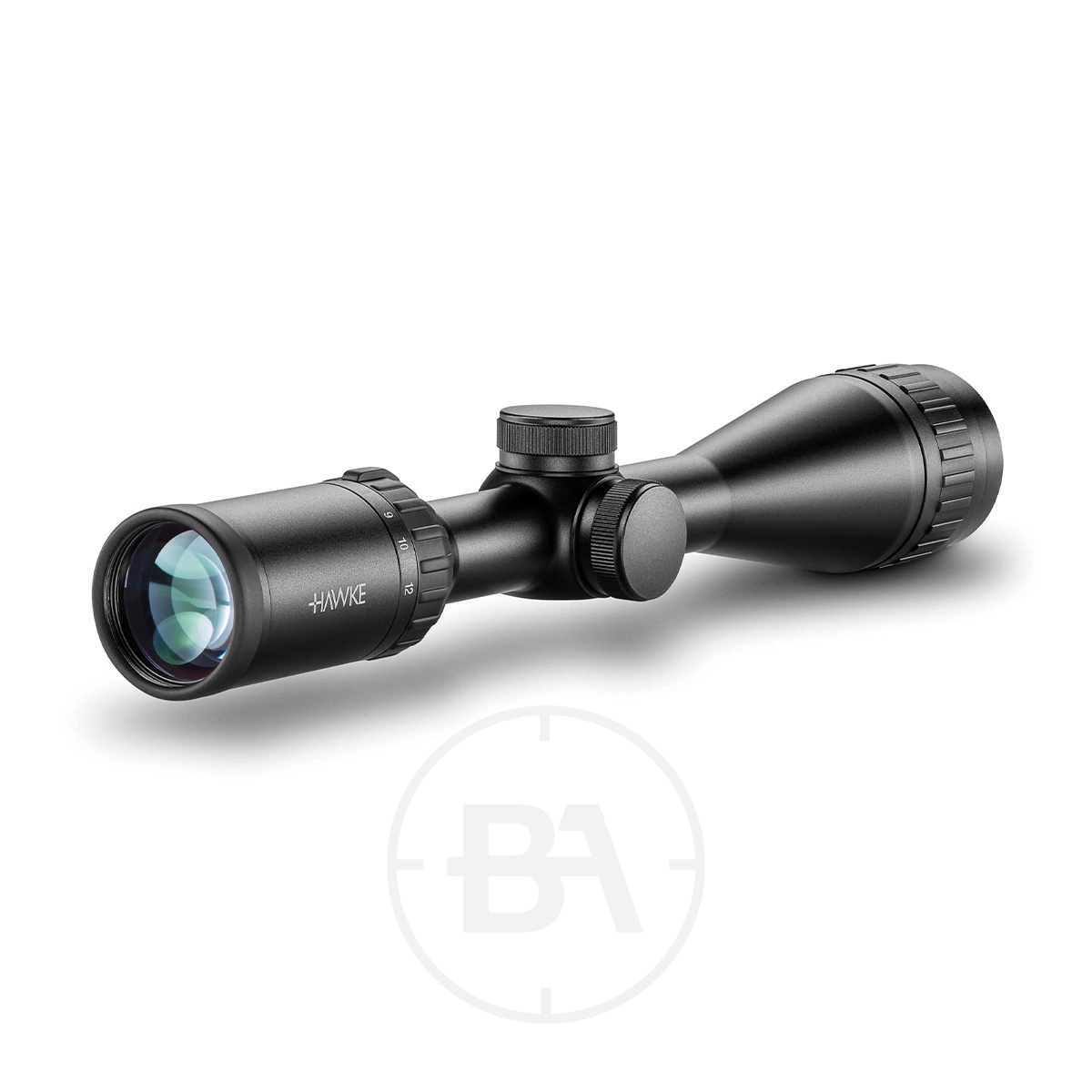 Hawke Airmax AO 4-12 x40 Rifle Scope 3 A black Hawke Airmax AO 4-12x40 Rifle Scope with adjustment knobs is displayed against a white background. The "Hawke" brand name appears on the side near the lens.