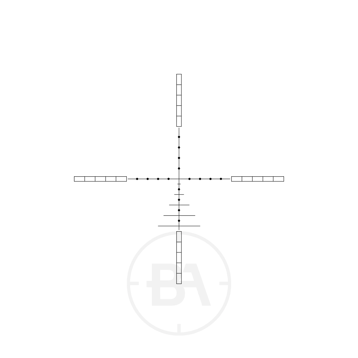 Hawke Airmax AO AMX 3-9 x40 Rifle Scope 5 A minimalist black and white rifle scope chart with a central cross, dotted and dashed lines, rectangular end shapes, and a faint "BA" watermark—perfect for the Hawke Airmax AO 4-12x40 Rifle Scope.