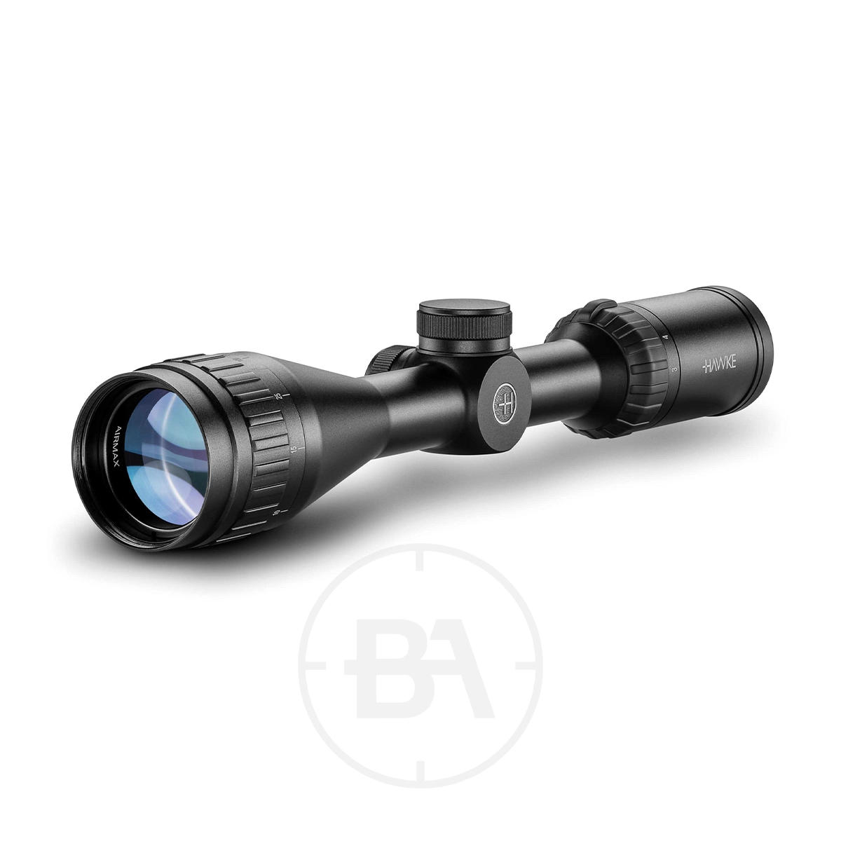 Hawke Airmax AO AMX 3-9 x40 Rifle Scope 1 A black Hawke Airmax AO 3-9x40 Rifle Scope with adjustment dials and a blue-tinted lens is displayed on a white background, with the brand logo faintly visible beneath it.