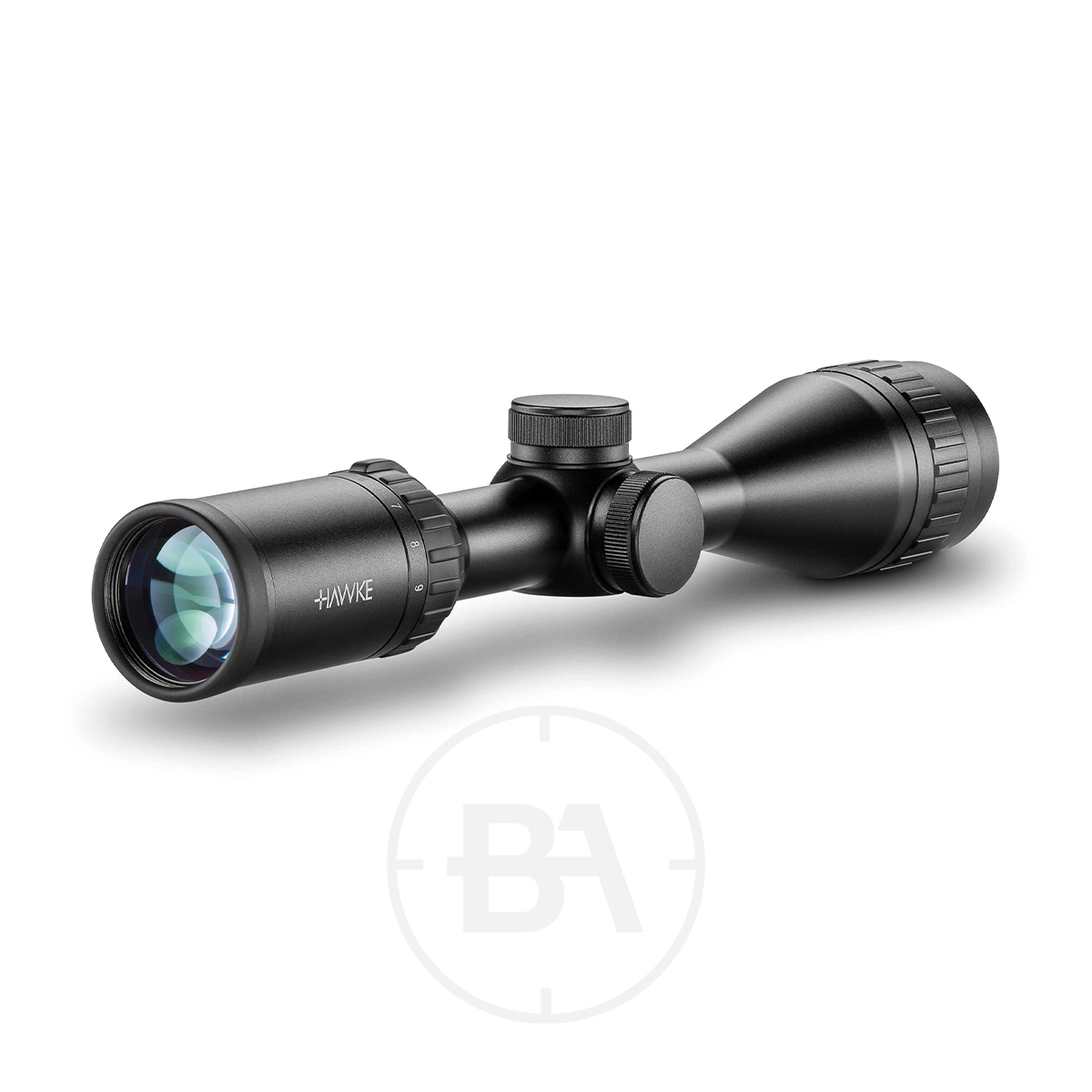 Hawke Airmax AO AMX 3-9 x40 Rifle Scope 3 The Hawke Airmax AO 3-9x40 Rifle Scope, featuring adjustable dials and a blue-tinted lens, is shown in black with “Hawke” branding, displayed against a plain white background.