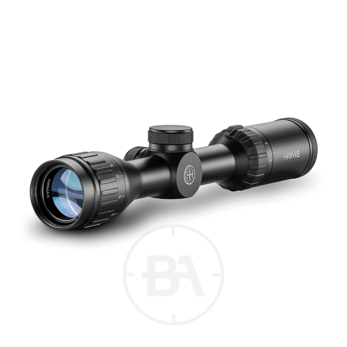 Hawke Airmax AO AMX 2-7x32 Rifle Scope 1 A Hawke Airmax AO AMX 2-7 x32 Rifle Scope with adjustment knobs and a clear lens, featuring the "HAWKE" label on the side, displayed on a white background.