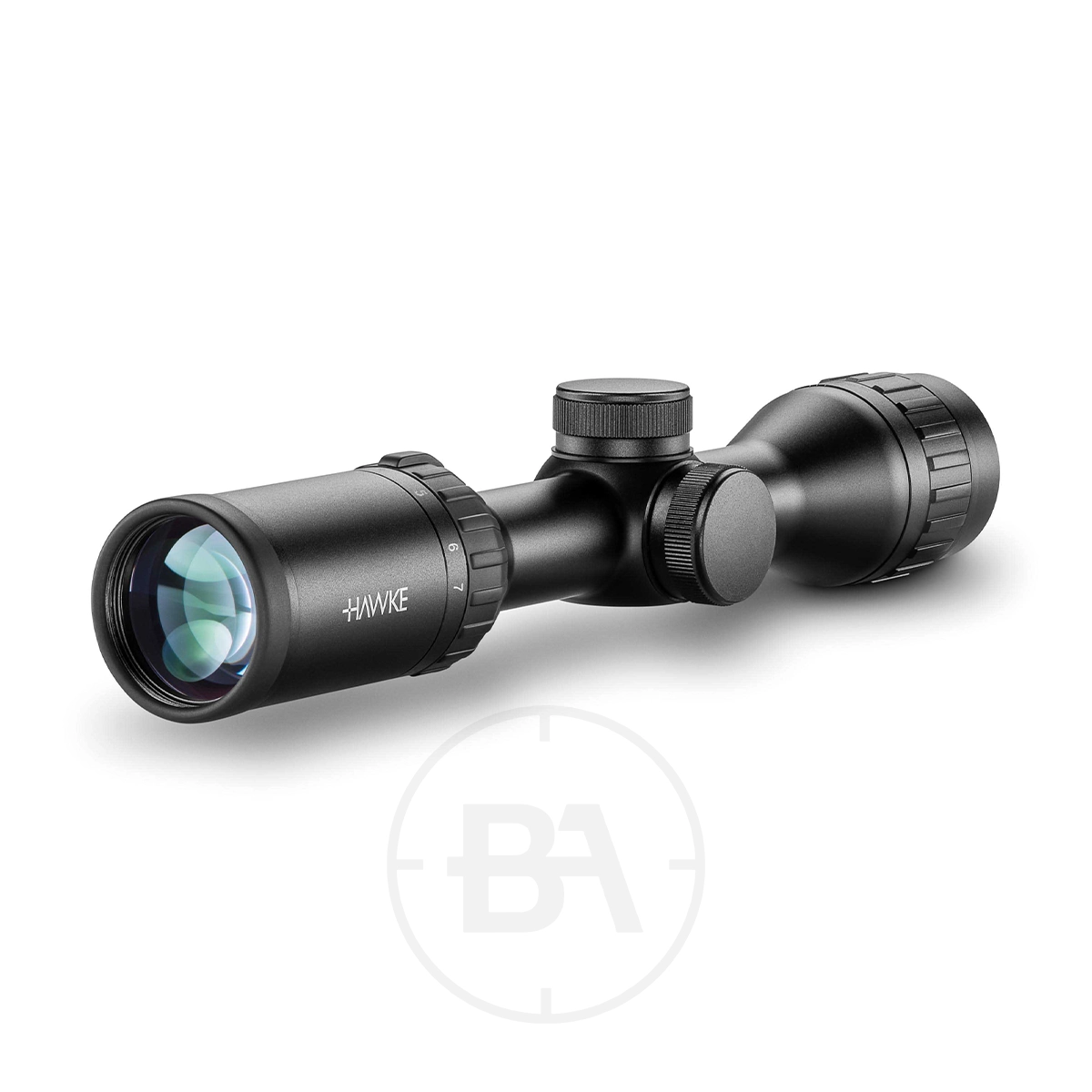 Hawke Airmax AO AMX 2-7x32 Rifle Scope 3 A Hawke Airmax AO AMX 2-7x32 Rifle Scope, black with adjustment knobs and clear front lens, "Hawke" marked on the side, shown against a white background.