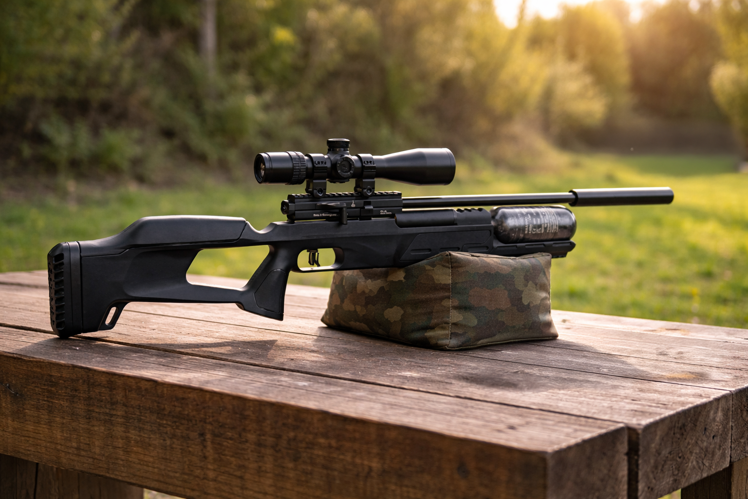 BSA Airsport-SL Review: A Modern BSA Done Properly 1 A modern BSA Airsport-SL tactical rifle with a scope rests on a camouflage sandbag atop a wooden table outdoors, with green grass and trees in the background in soft sunlight.