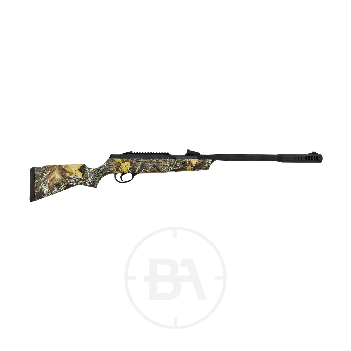 Hatsan Alpha Junior Spring Air Rifle 3 A Hatsan Alpha Junior Spring Air Rifle .177 with a camouflage stock, black barrel, and muzzle brake is shown on a plain white background.