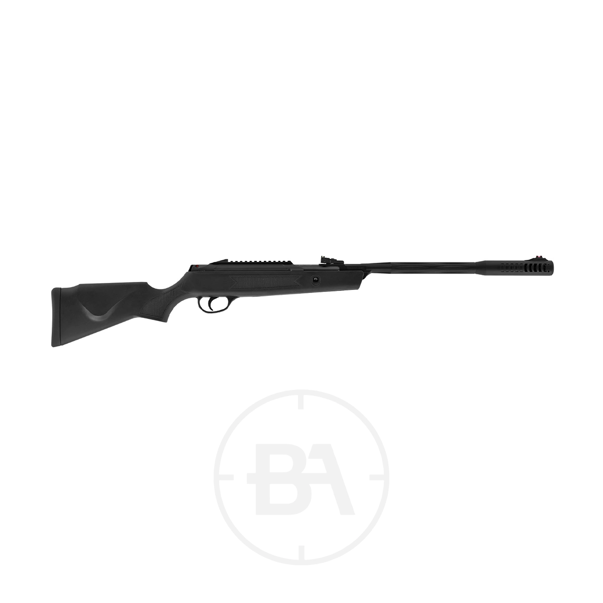 Hatsan Alpha Junior Spring Air Rifle 1 The Hatsan Alpha Junior Spring Air Rifle .177 features a black synthetic stock, long barrel, and elevated rail, displayed against a white background.