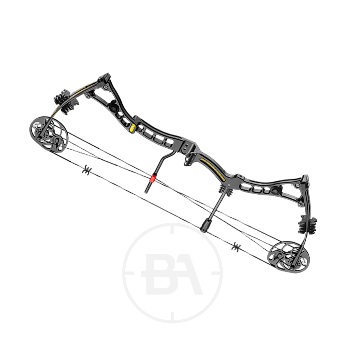EK Archery Axis 2 Compound Bow Bundle 13 A black EK Archery compound bow with dual cams, a cable system, and stabilizers is shown against a white background with a faint "BA" watermark.